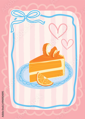 Slice of Layered Orange Cake with Cream and Zest on Scalloped Plate