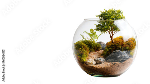 minimalist glass terrarium with small ecosystem isolated on white background