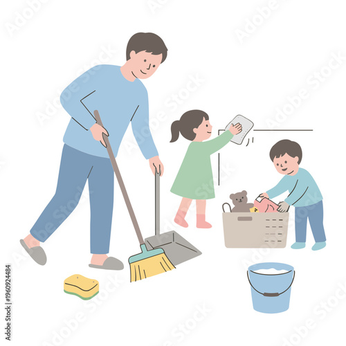 Family cleaning together at home with broom and bucket