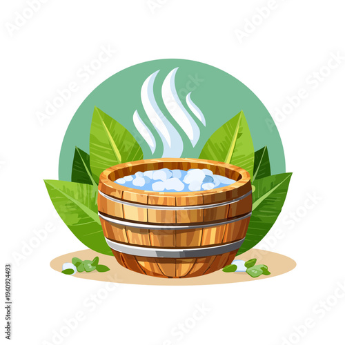 Steaming wooden bucket filled with clear water and ice surrounded by green leaves and vapor
