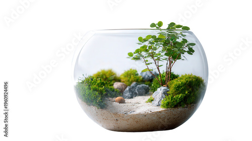 minimalist glass terrarium with small ecosystem isolated on white background