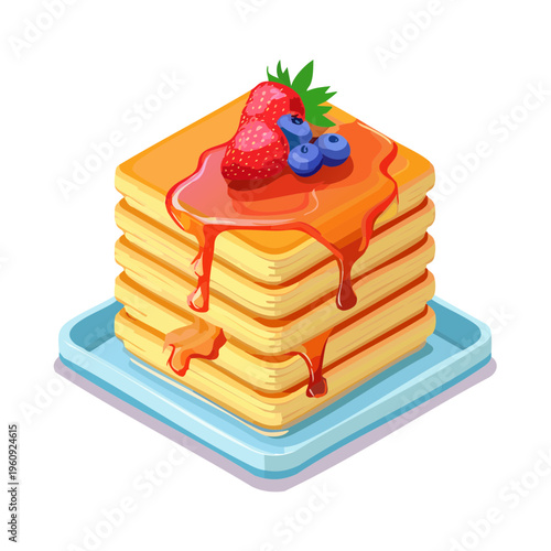 Delicious Stack of Pancakes Topped with Strawberries and Blueberries Drizzled with Syrup