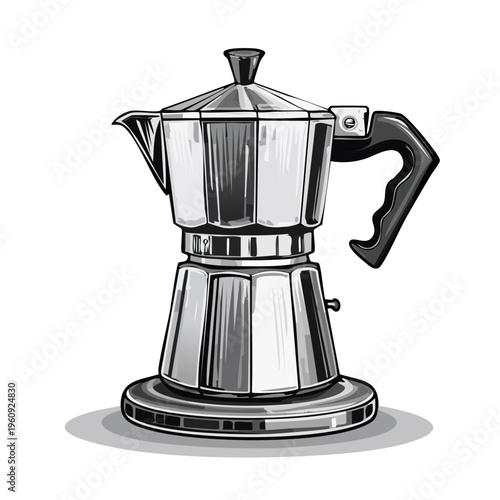 Metallic moka pot with black handle on a circular base, classic coffee maker illustration