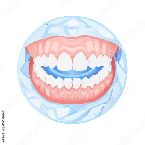 White healthy teeth with blue whitening tray inside ice crystal sphere for dental care concept