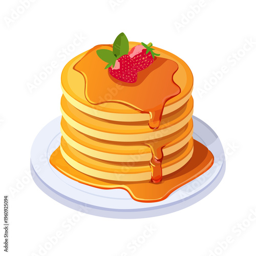 Delicious stacked pancakes drizzled with golden syrup and topped with fresh strawberries and mint leaves
