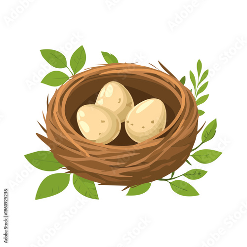 Three pale eggs rest in a twig bird's nest surrounded by green leaves