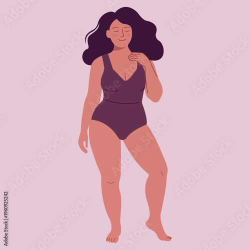 Curvy Woman Standing Confidently In Swimsuit – Body Positivity And Self Love Concept Flat Vector Illustration.