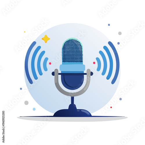 Vintage microphone broadcasting sound waves and sparkling stars illustration