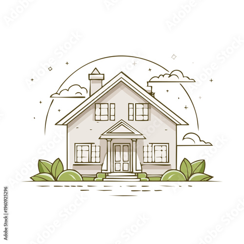 Charming illustration of a detached house with clean lines and surrounding foliage