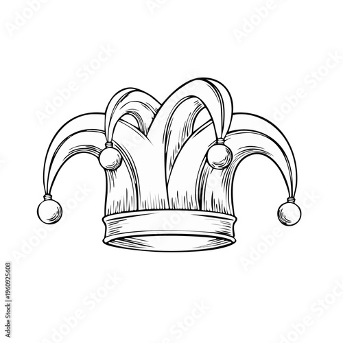 Black and white jester hat with dangling pom poms and scalloped brim drawing