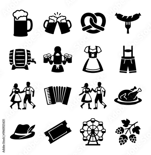 Oktoberfest Icon Set – Beer, Bavarian Clothing, Festival Food, Music and German Folk Celebration Silhouettes