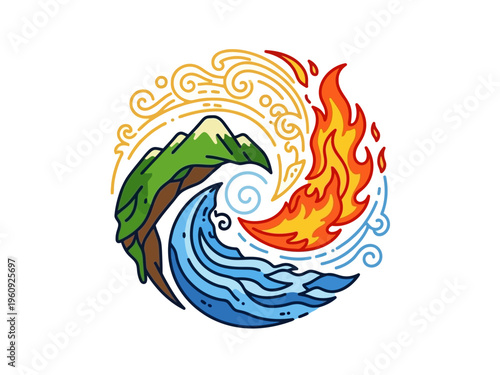Circular emblem depicting stylized earth air fire and water elements in motion