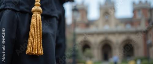 Close Up of a Gold Tassel on an Academic Gown with a Historic University Background