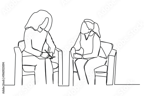 Continuous one line art of a woman hold clipboard while hold the hand of woman next to her. National Mental Health Provider Appreciation Day.