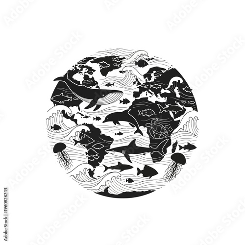 Black and white illustration of fish.