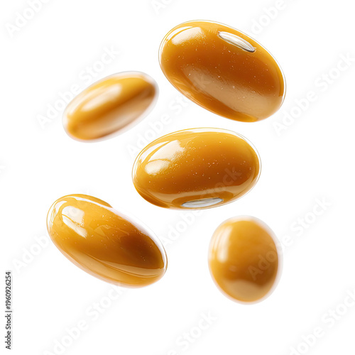 Five Soybeans Floating in Space: A close-up shot captures five glossy, golden soybeans suspended in a clean, bright setting, highlighting their smooth texture and natural shape.