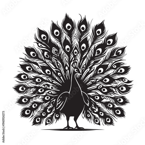 A black and white vector illustration of a peacock with its vibrant tail feathers spread out in a circular pattern against a clean white background.