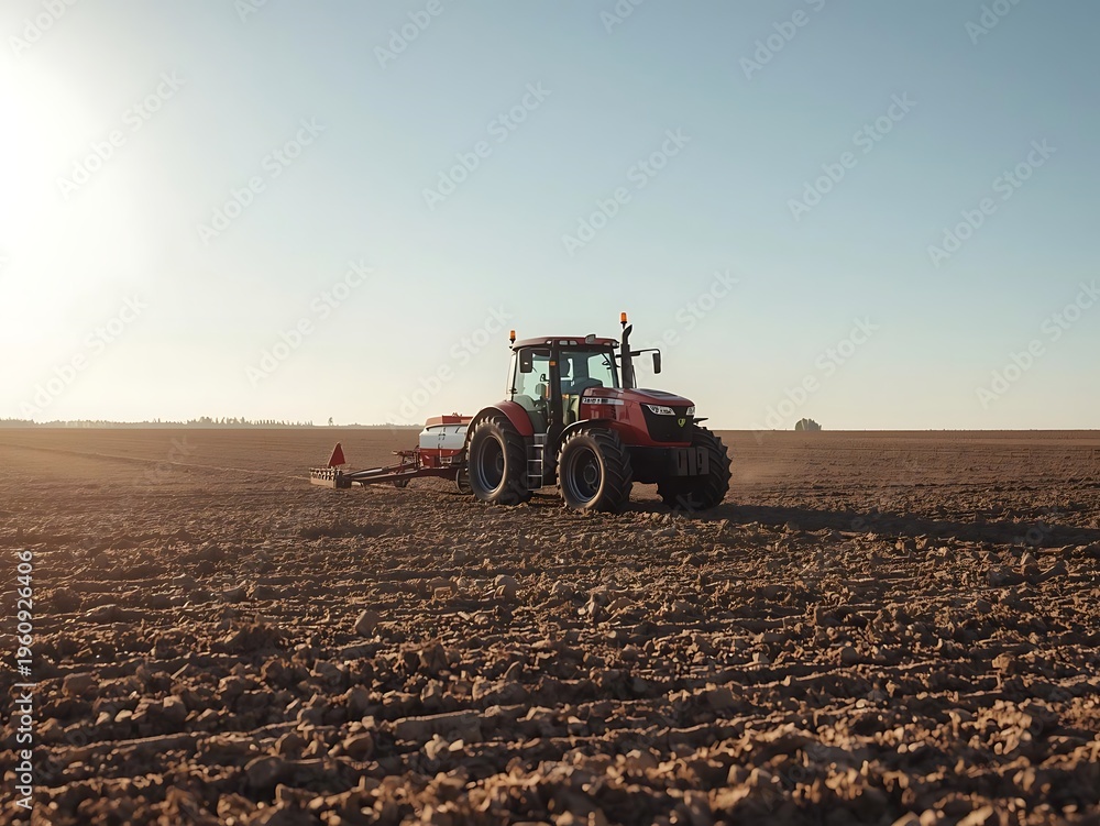 Fototapeta premium Modern red tractor plowing field at sunrise with golden light and dust