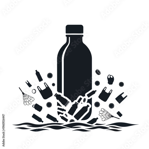 Black plastic bottle pollution ocean waste.