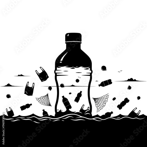 Black plastic water bottle pollution ocean.