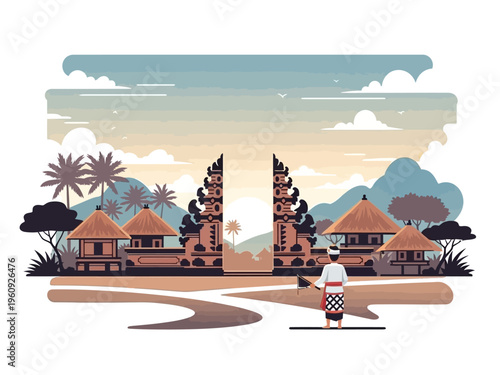 Stylized illustration of a Balinese temple entrance with thatched huts and a man