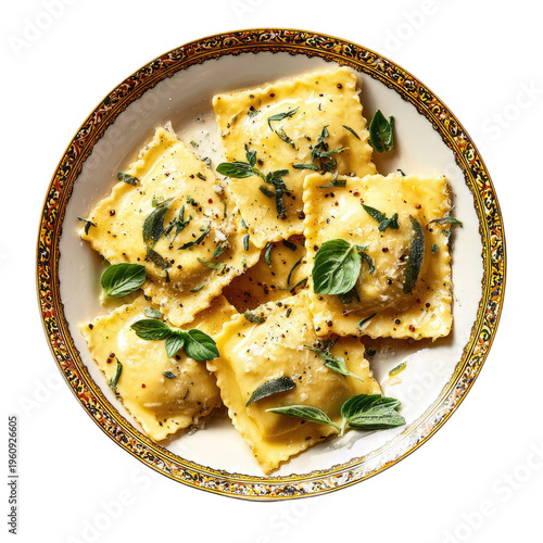 Golden Ravioli with Sage Butter: A delightful plate of freshly made ravioli, generously coated in a rich sage butter sauce and garnished with fresh herbs.