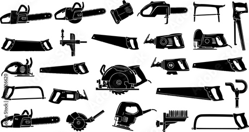 Professional Saws and Cutting Tools Collection - Electric and Manual Woodworking Equipment Vector Set