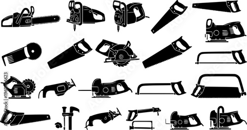 Professional Saws and Cutting Tools Collection - Electric and Manual Woodworking Equipment Vector Set