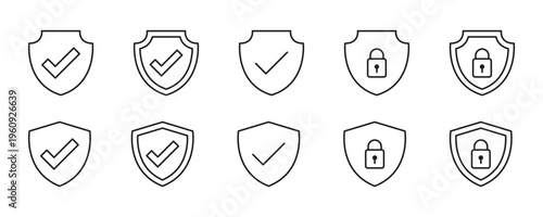 Shield security icon set. Security icon with checkmark and lock sign. Protection, safety, defense, guard, secure, antivirus. Editable stroke vector illustration