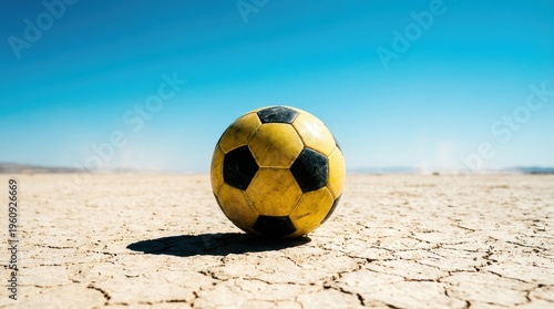 Yellow Soccer Ball on Cracked Dry Ground Against a Clear Blue Sky in a Desert Landscape