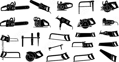 Professional Saws and Cutting Tools Collection - Electric and Manual Woodworking Equipment Vector Set