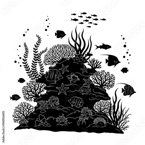 Black silhouette of coral reef ecosystem.