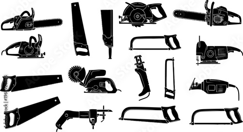 Professional Saws and Cutting Tools Collection - Electric and Manual Woodworking Equipment Vector Set
