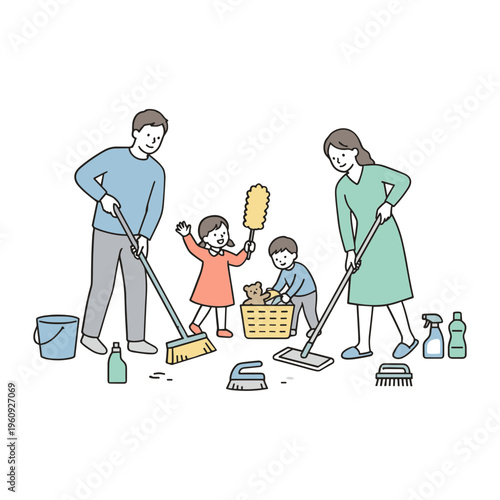 Family cleaning together at home with brooms and brushes