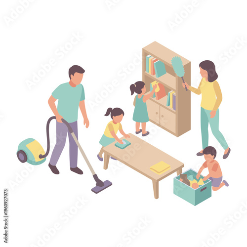 Family cleaning together at home with vacuum and cloths actively