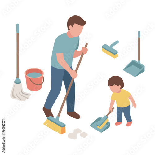 Father and son are cleaning together at home with brooms and a bucket