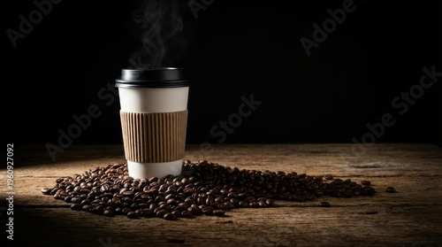 Steaming Coffee Cup Surrounded by Coffee Beans on a Rustic Wooden Table in a Dimly Lit Setting