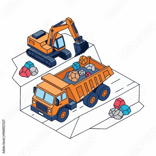 Isometric illustration of an excavator loading colorful gems into a dump truck.