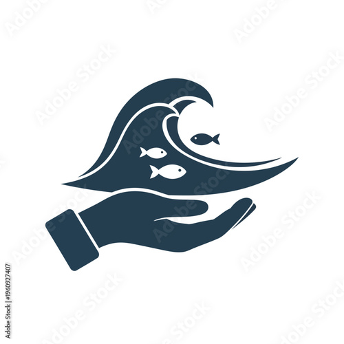 Hand holding wave with small fish.