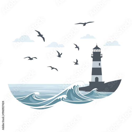 Lighthouse standing tall on rocky coastline.