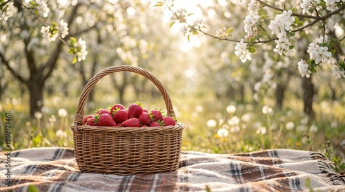 Wicker basket full of fresh strawberries on picnic blanket in blooming orchard. Spring garden scenery with fruit tree flowers. Sunny day outdoor food concept celebrating harvest and nature freshness