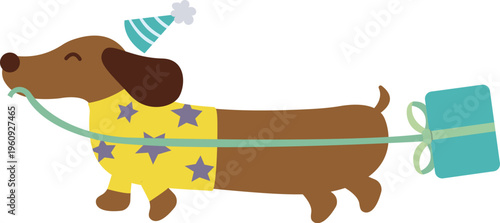 Cute Dachshund Pulling a Birthday Gift Box with a Ribbon