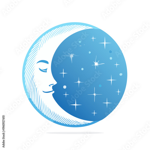 Dreamy Crescent Moon Face with Sparkling Stars in a Blue Gradient Sky