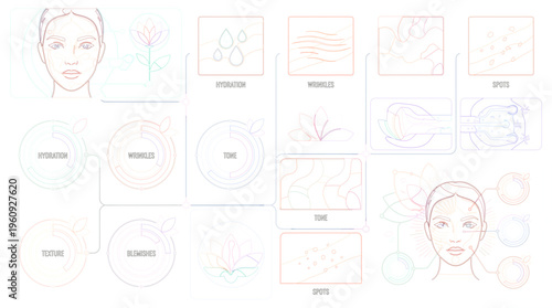 Illustrations detailing facial skin health, hydration, nourishment, and anti-aging benefits