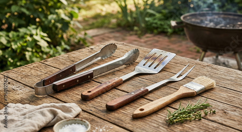Barbecue grilling tools on rustic wooden table outdoors, summer cooking and bbq concept