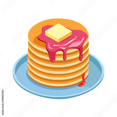 Stack of pancakes with melting butter and dripping syrup on a blue plate