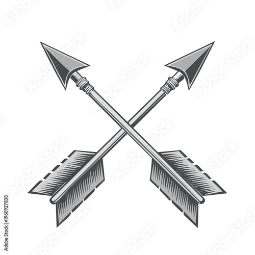 Two crossed antique arrows with feathered fletching and pointed tips in a classic heraldic design