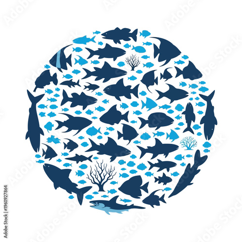 School of Sharks and Fish Swimming.