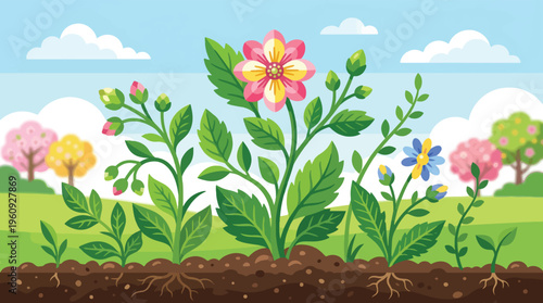Vibrant floral garden illustration depicting plant growth from soil, showcasing blooming flowers and developing sprouts under a clear sky