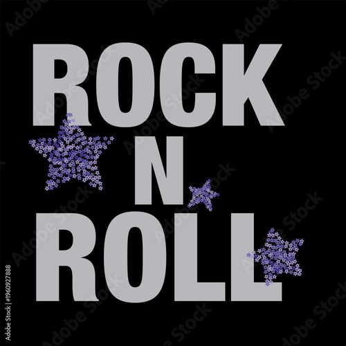 Bold grey ROCK N ROLL typography decorated with shiny purple star sequins on a solid black background. Perfect graphic for edgy streetwear, t-shirt prints, and music posters.